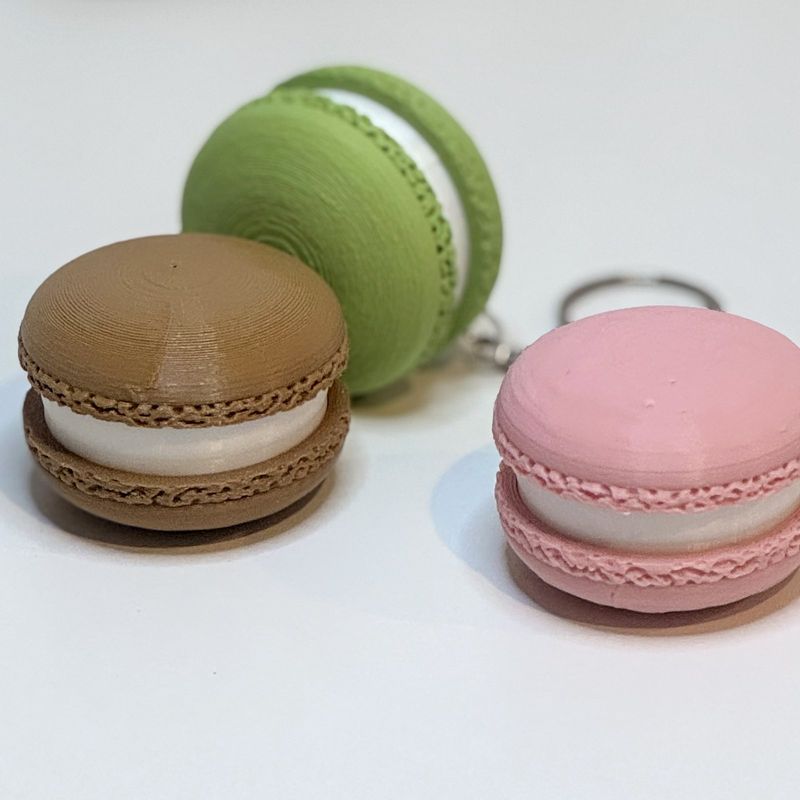 Brown, matcha green and pink macaron keychains
